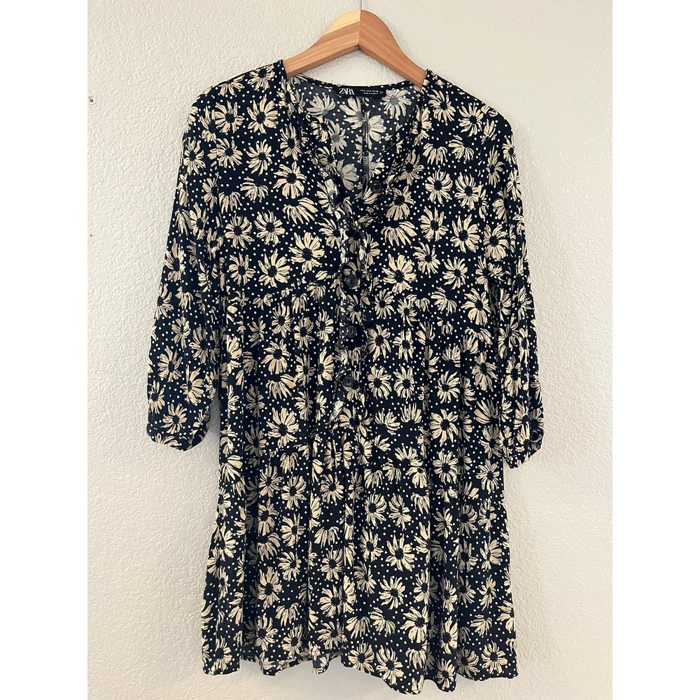 Zara Floral Polka Dot Tiered Mini Dress Black Cream Button Front Ruffle Small
